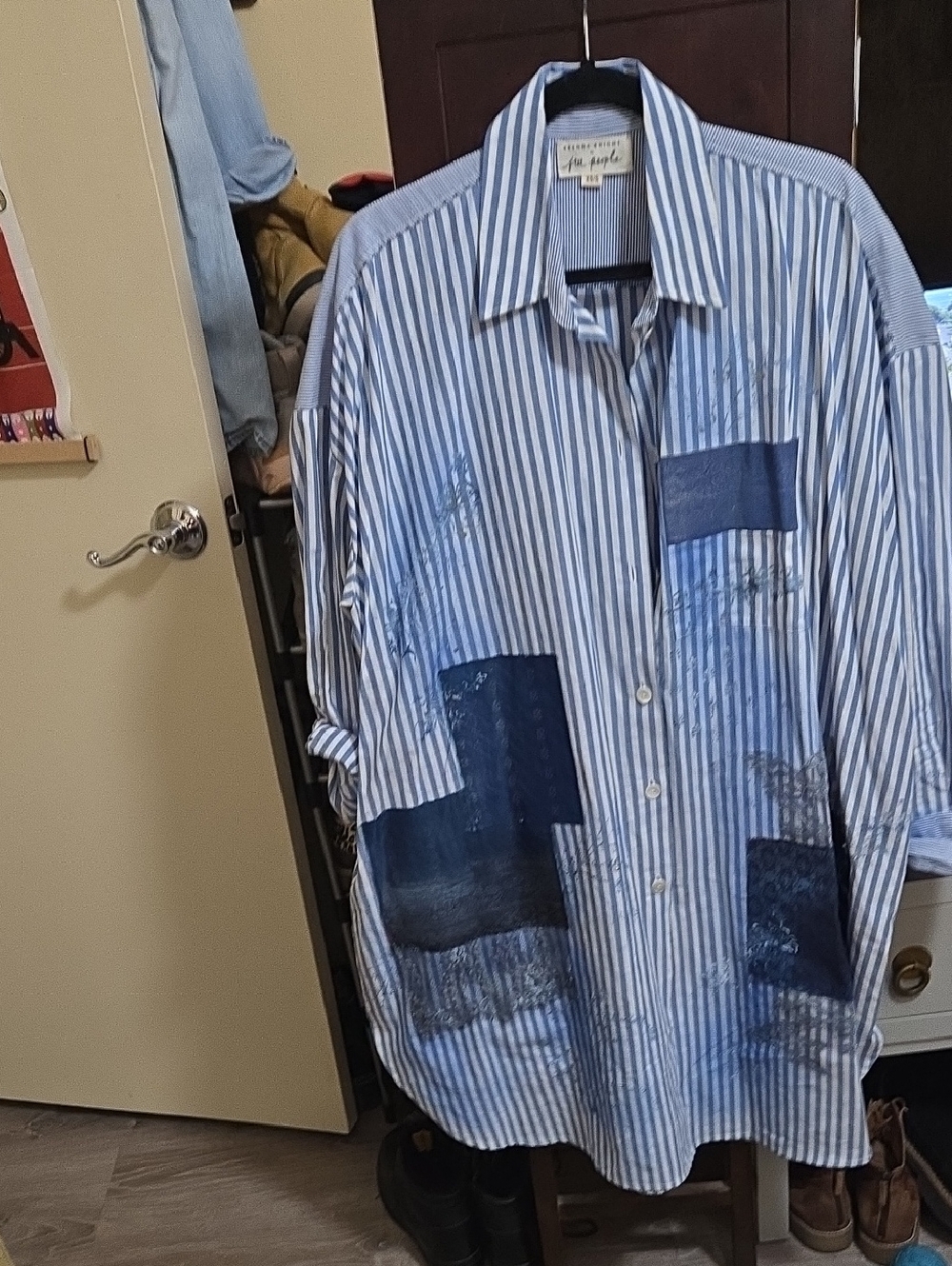 Free People Blue Striped Patchwork Button-Down Shirt